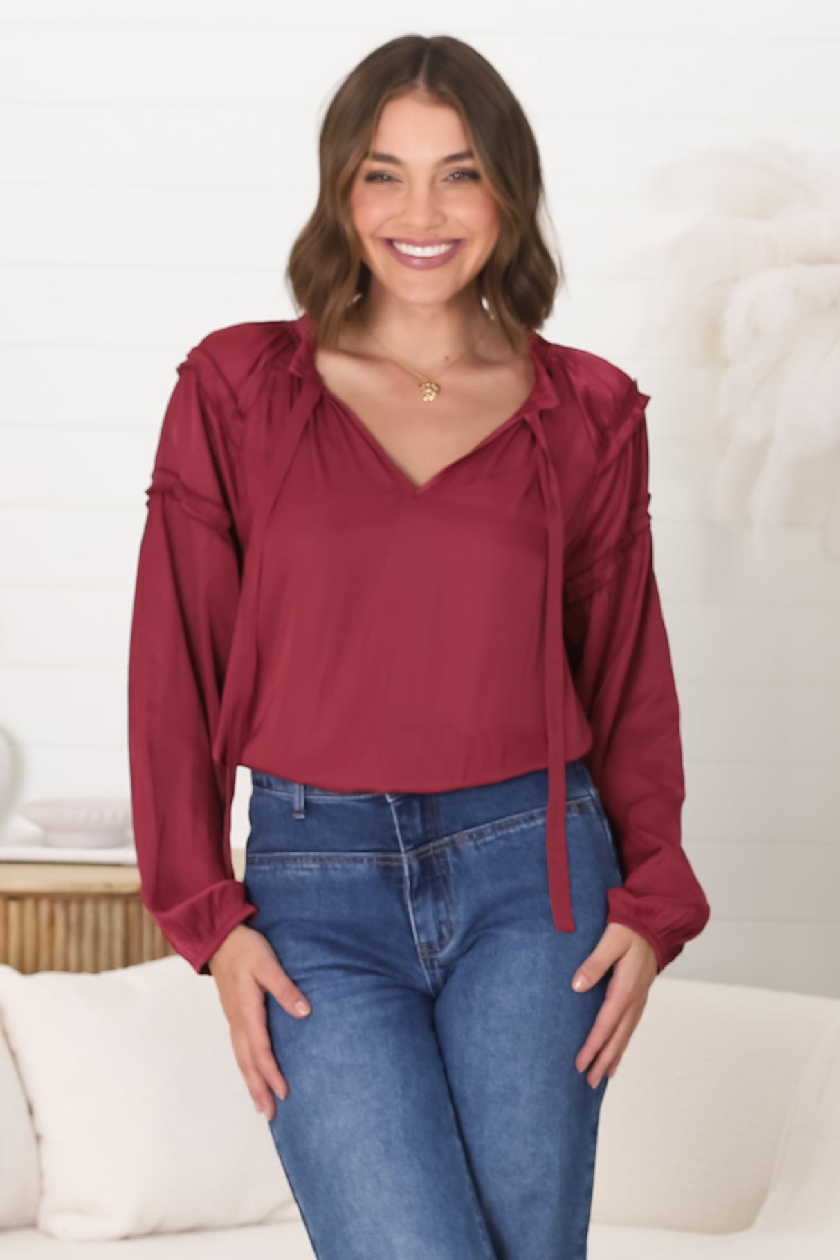 Analia Blouse - Frill Collar Relaxed Satin Look Blouse in Wine