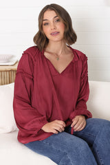 Analia Blouse - Frill Collar Relaxed Satin Look Blouse in Wine