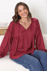 Analia Blouse - Frill Collar Relaxed Satin Look Blouse in Wine