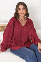 Analia Blouse - Frill Collar Relaxed Satin Look Blouse in Wine