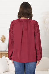 Analia Blouse - Frill Collar Relaxed Satin Look Blouse in Wine