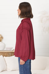 Analia Blouse - Frill Collar Relaxed Satin Look Blouse in Wine