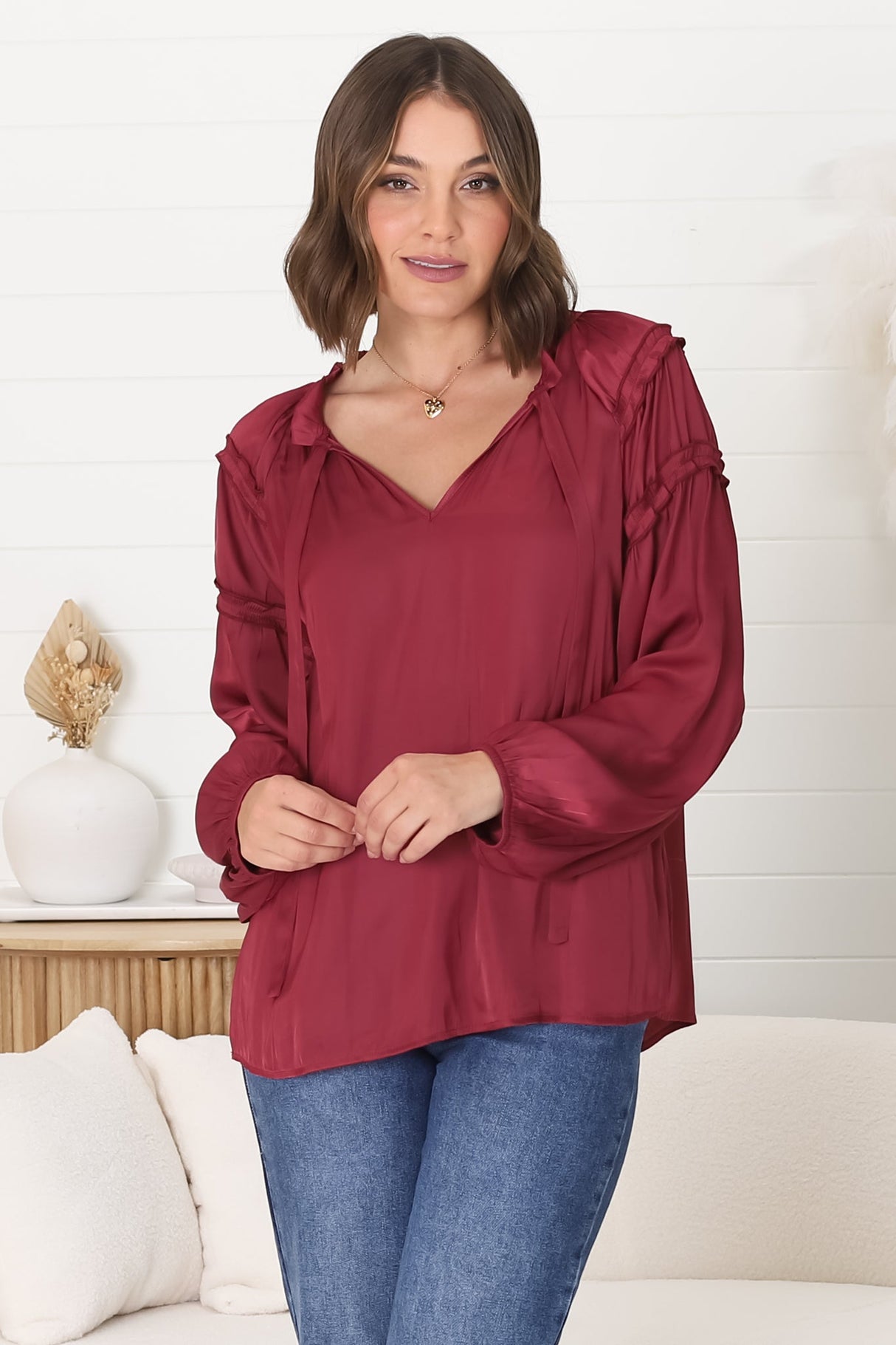 Analia Blouse - Frill Collar Relaxed Satin Look Blouse in Wine