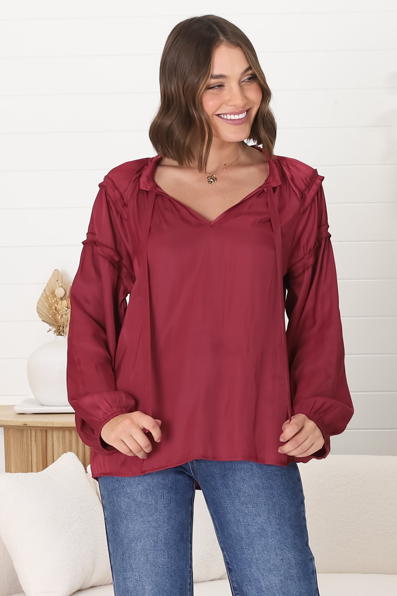 Analia Blouse - Frill Collar Relaxed Satin Look Blouse in Wine