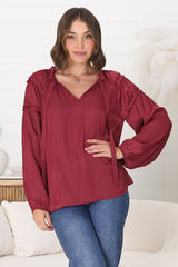 Analia Blouse - Frill Collar Relaxed Satin Look Blouse in Wine