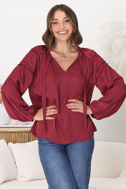 Analia Blouse - Frill Collar Relaxed Satin Look Blouse in Wine