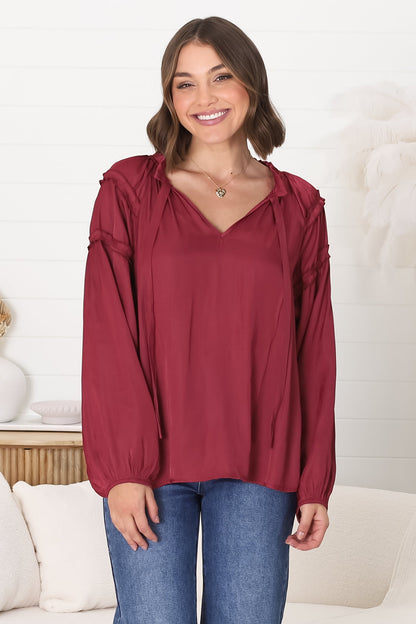 Analia Blouse - Frill Collar Relaxed Satin Look Blouse in Wine