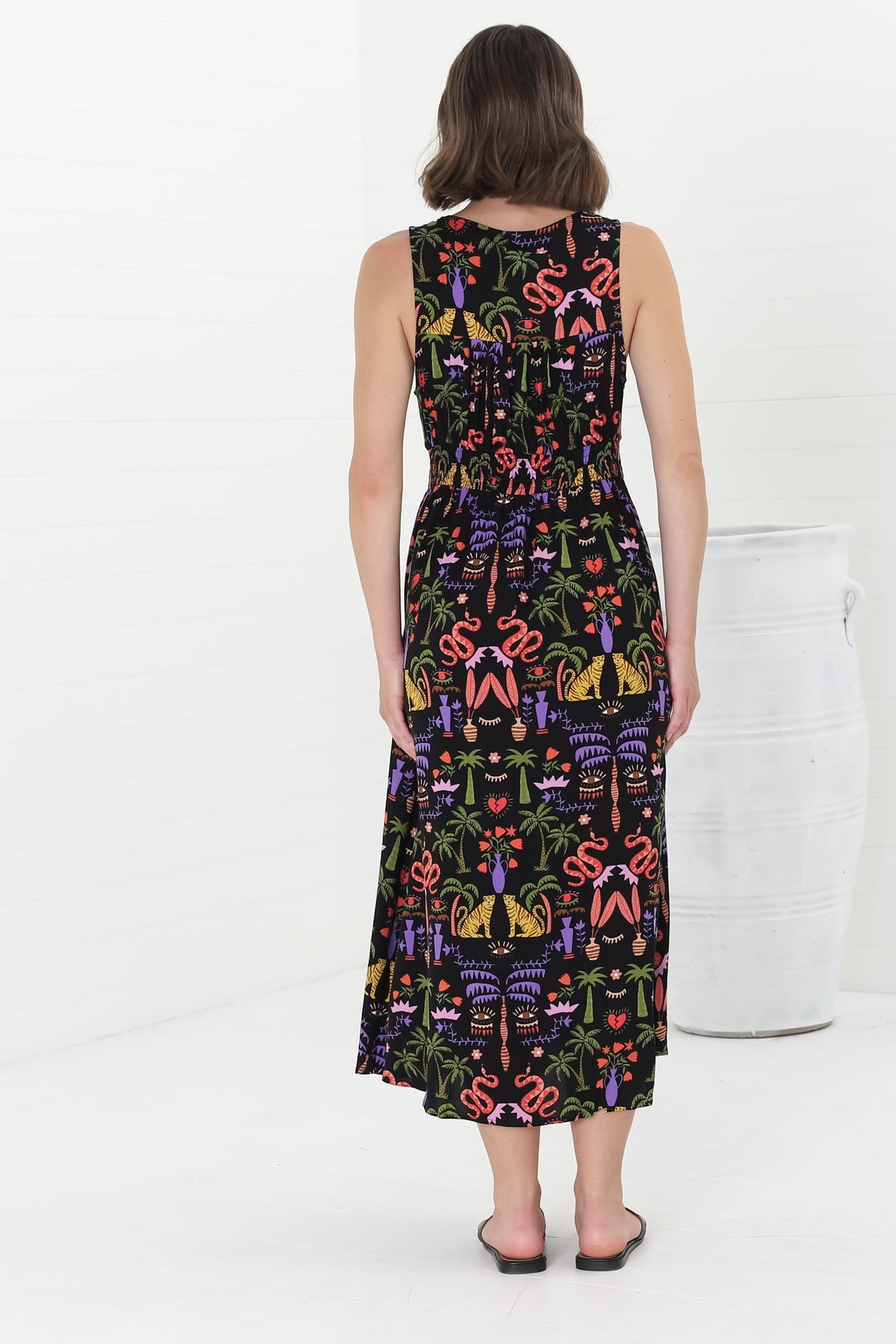 Anaya Midi Dress - V-Neck Button Down Sleeveless Dress in Ayla Print Black