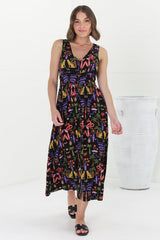 Anaya Midi Dress - V-Neck Button Down Sleeveless Dress in Ayla Print Black