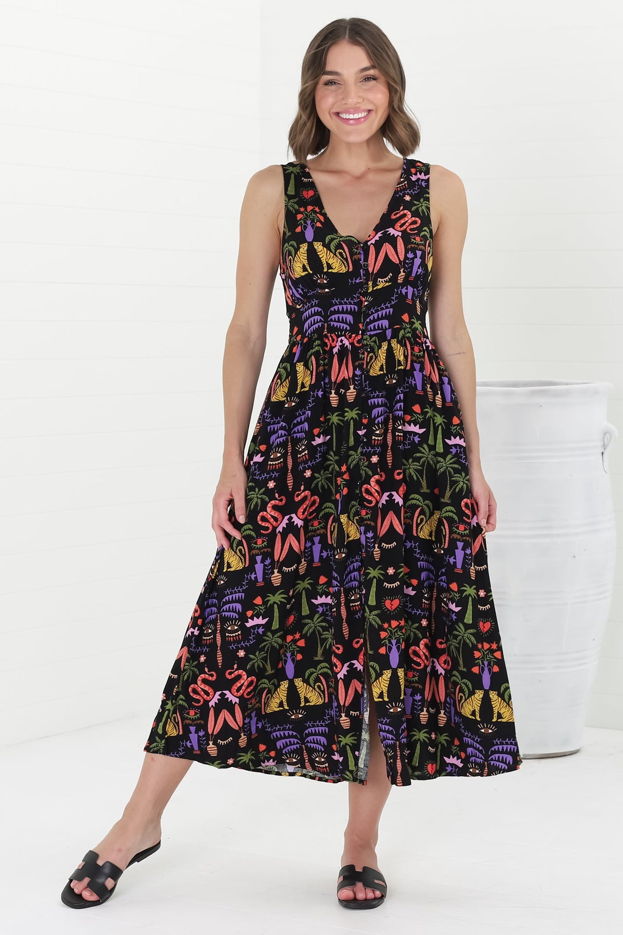 Anaya Midi Dress - V-Neck Button Down Sleeveless Dress in Ayla Print Black