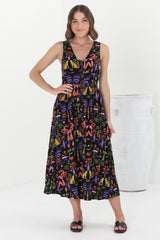 Anaya Midi Dress - V-Neck Button Down Sleeveless Dress in Ayla Print Black