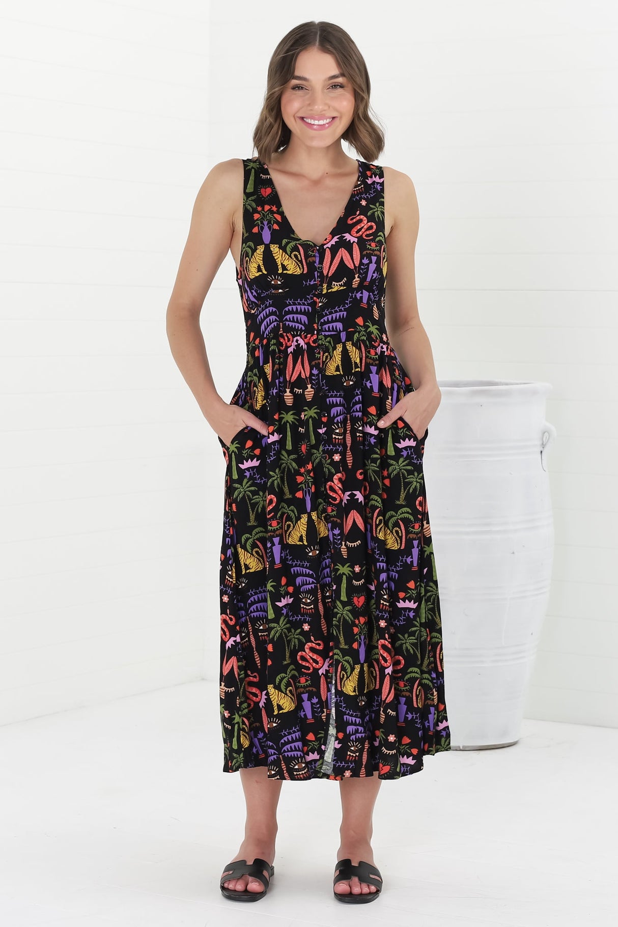 Anaya Midi Dress - V-Neck Button Down Sleeveless Dress in Ayla Print Black