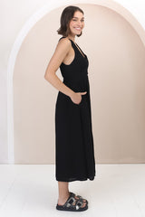 Anaya Midi Dress - V Neck Linen/Cotton Blend Button Down Sleeveless Dress in Black