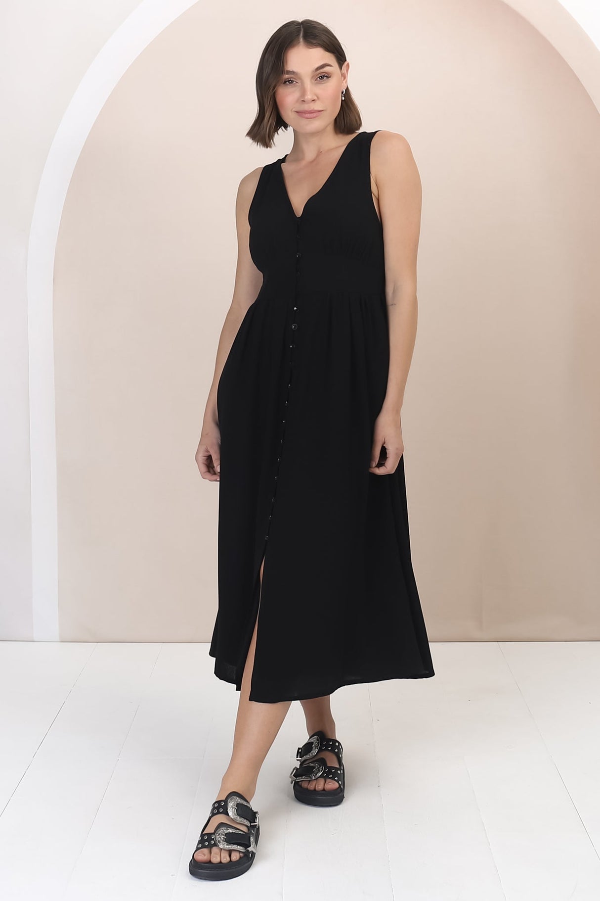 Anaya Midi Dress - V Neck Linen/Cotton Blend Button Down Sleeveless Dress in Black