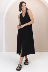 Anaya Midi Dress - V Neck Linen/Cotton Blend Button Down Sleeveless Dress in Black