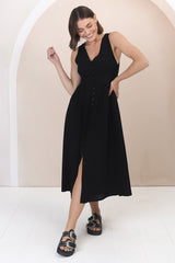 Anaya Midi Dress - V Neck Linen/Cotton Blend Button Down Sleeveless Dress in Black