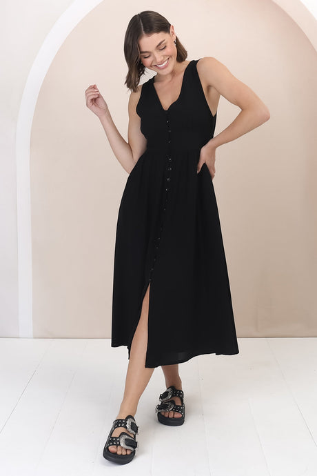 Anaya Midi Dress - V Neck Linen/Cotton Blend Button Down Sleeveless Dress in Black