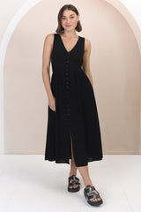 Anaya Midi Dress - V Neck Linen/Cotton Blend Button Down Sleeveless Dress in Black