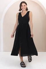 Anaya Midi Dress - V Neck Linen/Cotton Blend Button Down Sleeveless Dress in Black