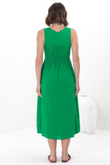 Anaya Midi Dress - V Neck Linen/Cotton Blend Button Down Sleeveless Dress in Green