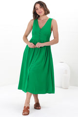 Anaya Midi Dress - V Neck Linen/Cotton Blend Button Down Sleeveless Dress in Green