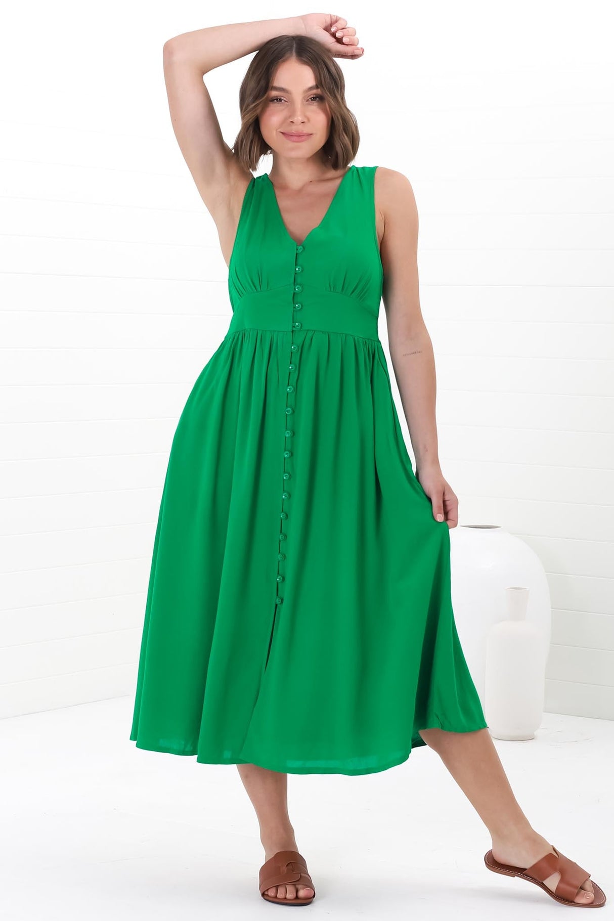 Anaya Midi Dress - V Neck Linen/Cotton Blend Button Down Sleeveless Dress in Green