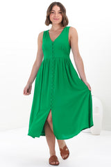 Anaya Midi Dress - V Neck Linen/Cotton Blend Button Down Sleeveless Dress in Green