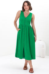 Anaya Midi Dress - V Neck Linen/Cotton Blend Button Down Sleeveless Dress in Green