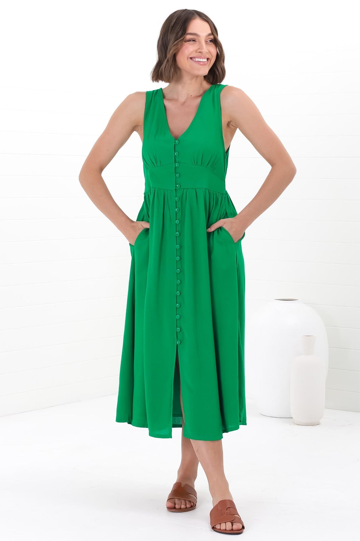 Anaya Midi Dress - V Neck Linen/Cotton Blend Button Down Sleeveless Dress in Green