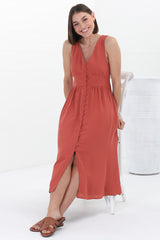 Anaya Midi Dress - V Neck Linen/Cotton Blend Button Down Sleeveless Dress in Red