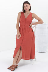 Anaya Midi Dress - V Neck Linen/Cotton Blend Button Down Sleeveless Dress in Red