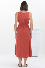 Anaya Midi Dress - V Neck Linen/Cotton Blend Button Down Sleeveless Dress in Red