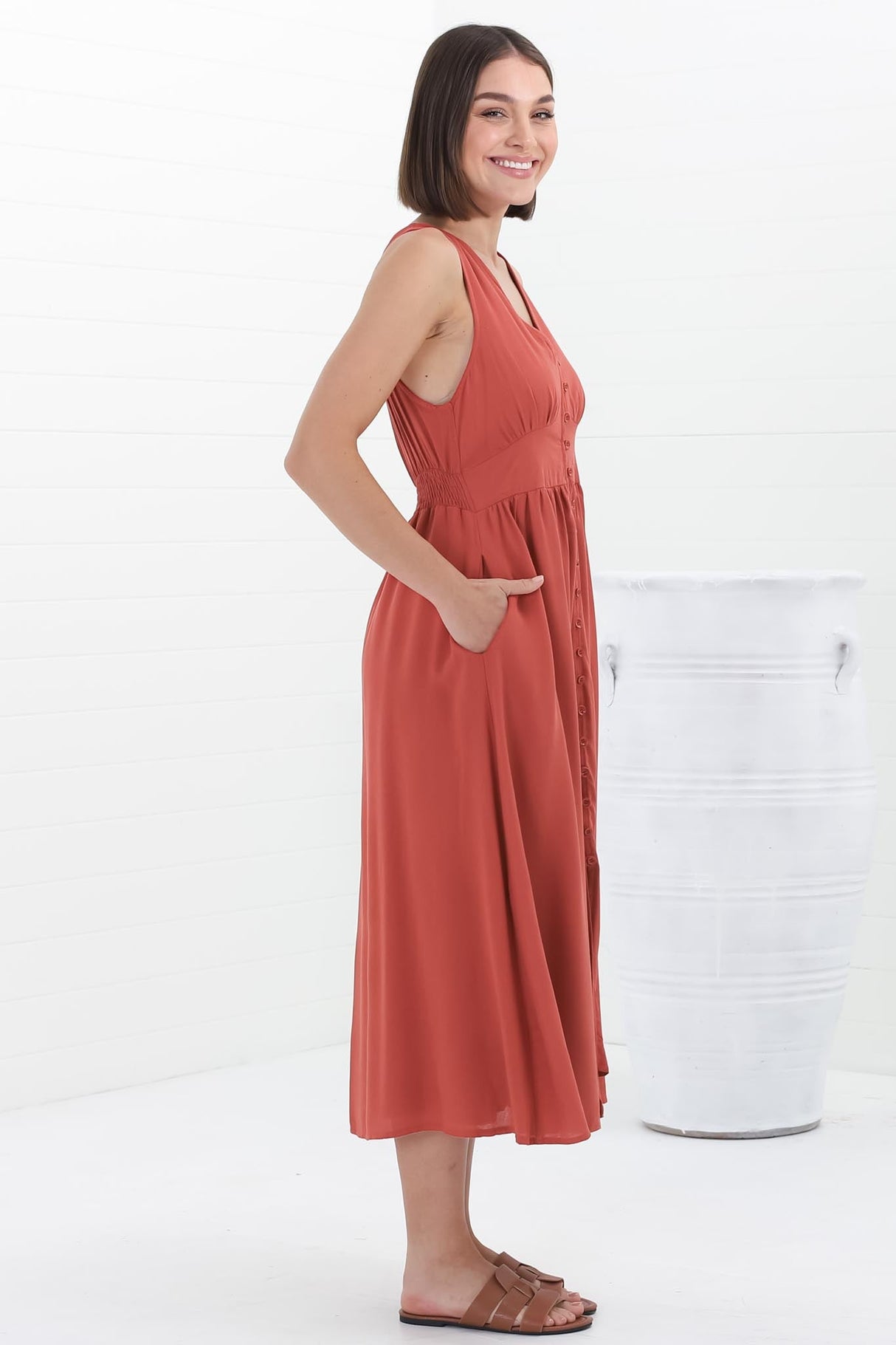 Anaya Midi Dress - V Neck Linen/Cotton Blend Button Down Sleeveless Dress in Red