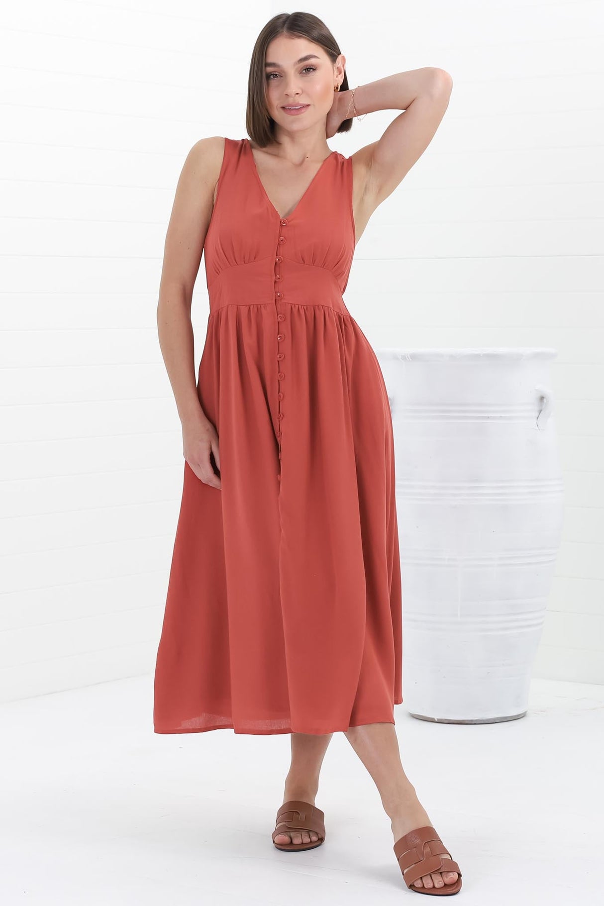 Anaya Midi Dress - V Neck Linen/Cotton Blend Button Down Sleeveless Dress in Red