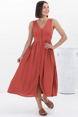 Anaya Midi Dress - V Neck Linen/Cotton Blend Button Down Sleeveless Dress in Red