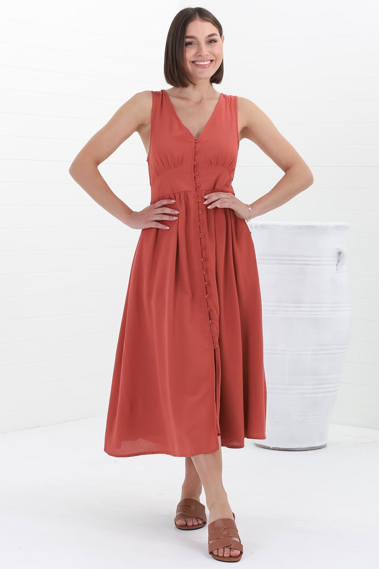 Anaya Midi Dress - V Neck Linen/Cotton Blend Button Down Sleeveless Dress in Red