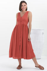 Anaya Midi Dress - V Neck Linen/Cotton Blend Button Down Sleeveless Dress in Red