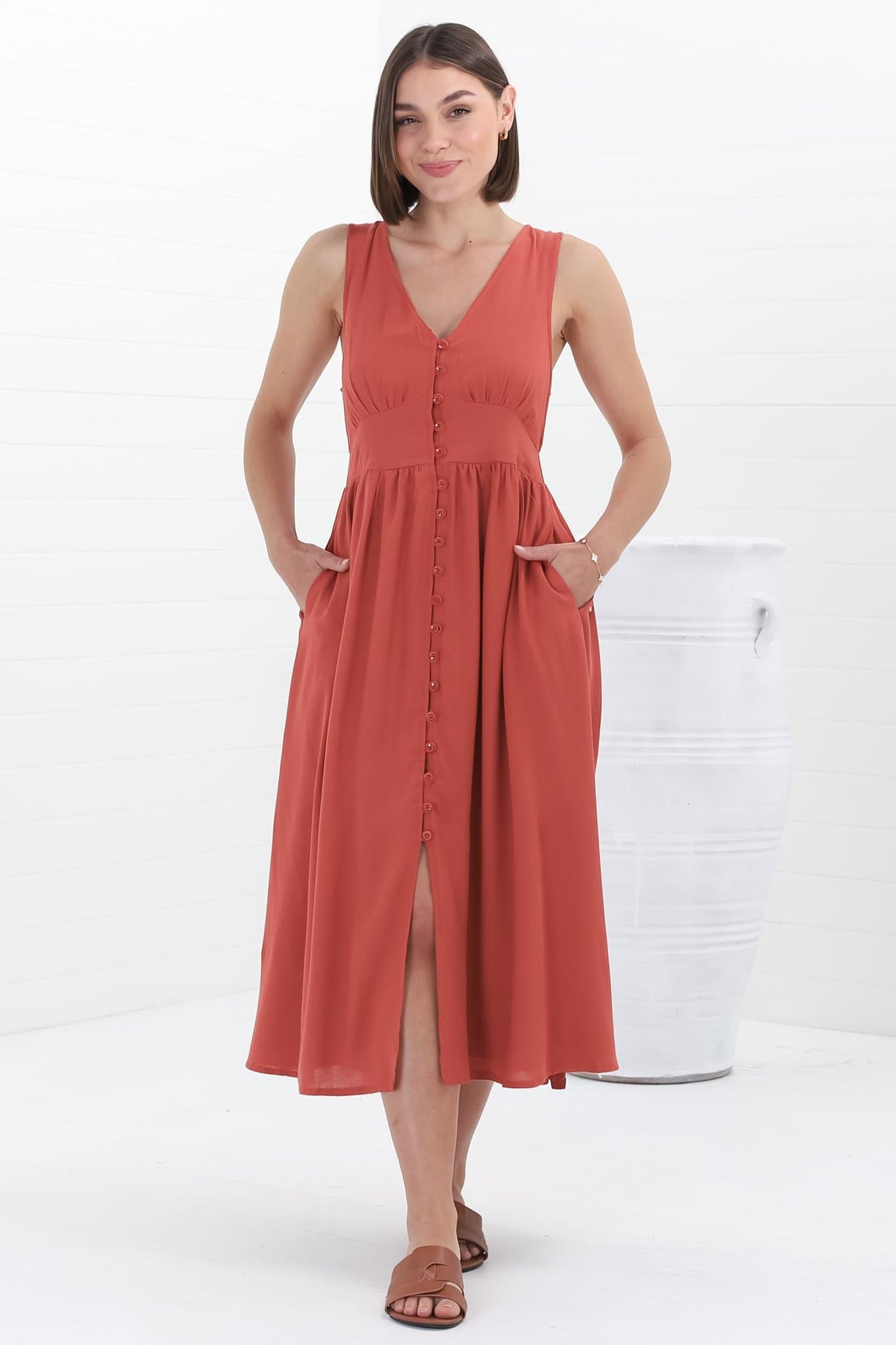 Anaya Midi Dress - V Neck Linen/Cotton Blend Button Down Sleeveless Dress in Red