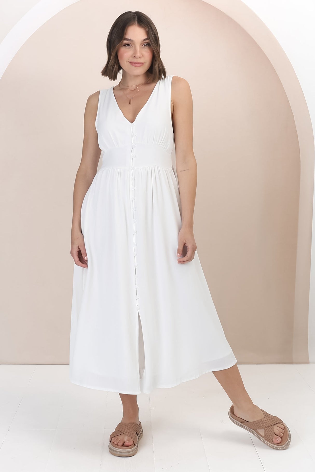 Anaya Midi Dress - V Neck Linen/Cotton Blend Button Down Sleeveless Dress in White