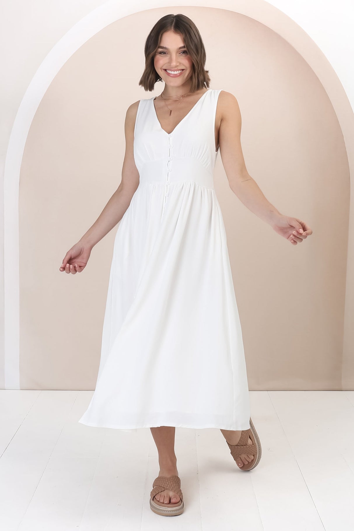 Anaya Midi Dress - V Neck Linen/Cotton Blend Button Down Sleeveless Dress in White