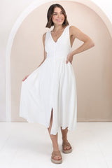 Anaya Midi Dress - V Neck Linen/Cotton Blend Button Down Sleeveless Dress in White