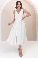 Anaya Midi Dress - V Neck Linen/Cotton Blend Button Down Sleeveless Dress in White