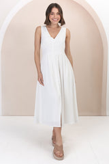 Anaya Midi Dress - V Neck Linen/Cotton Blend Button Down Sleeveless Dress in White