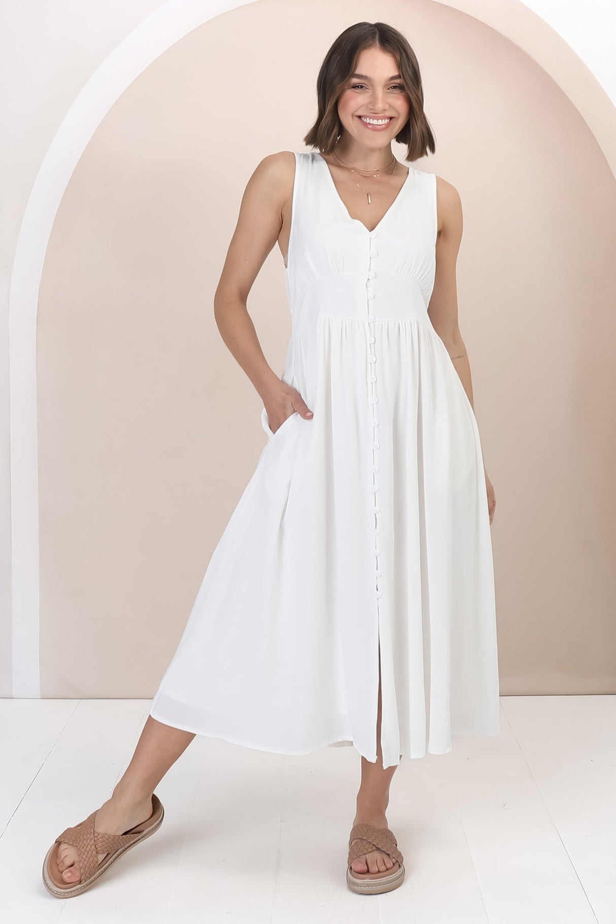 Anaya Midi Dress - V Neck Linen/Cotton Blend Button Down Sleeveless Dress in White