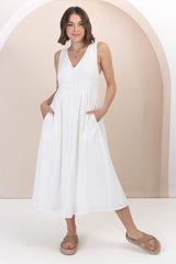 Anaya Midi Dress - V Neck Linen/Cotton Blend Button Down Sleeveless Dress in White