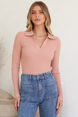 Andee Knit Top - Wing Collar V-Neck Ribbed Long Sleeve Top in Blush