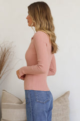 Andee Knit Top - Wing Collar V-Neck Ribbed Long Sleeve Top in Blush