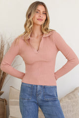 Andee Knit Top - Wing Collar V-Neck Ribbed Long Sleeve Top in Blush