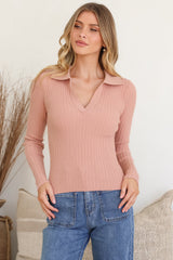 Andee Knit Top - Wing Collar V-Neck Ribbed Long Sleeve Top in Blush