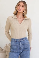 Andee Knit Top - Wing Collar V-Neck Ribbed Long Sleeve Top in Cream